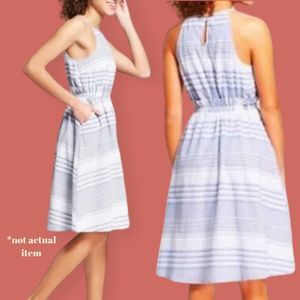 😎 A NEW DAY TARGET STRIPED HALTER TANK DRESS BLUE WHITE COTTON POCKETS LARGE